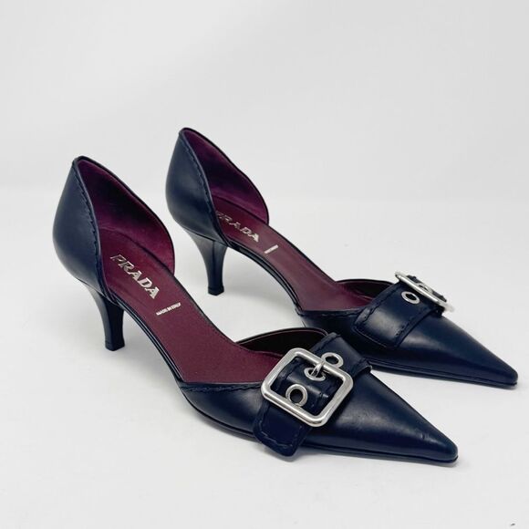 PRADA | Black Leather Heels with Silver Buckle D’Orsay Pumps Women’s Size 39 - Picture 8 of 12